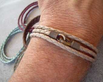 Mens Braided Vegan Leather Bracelet: Antique Bronze Clip, Custom Size