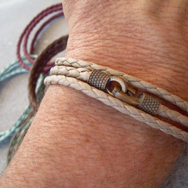 Vegan Bracelets, Mens Leather Bracelets, Mens Braided Vegan Leather Wrap Bracelet with Antique bronze Clip Clasp,