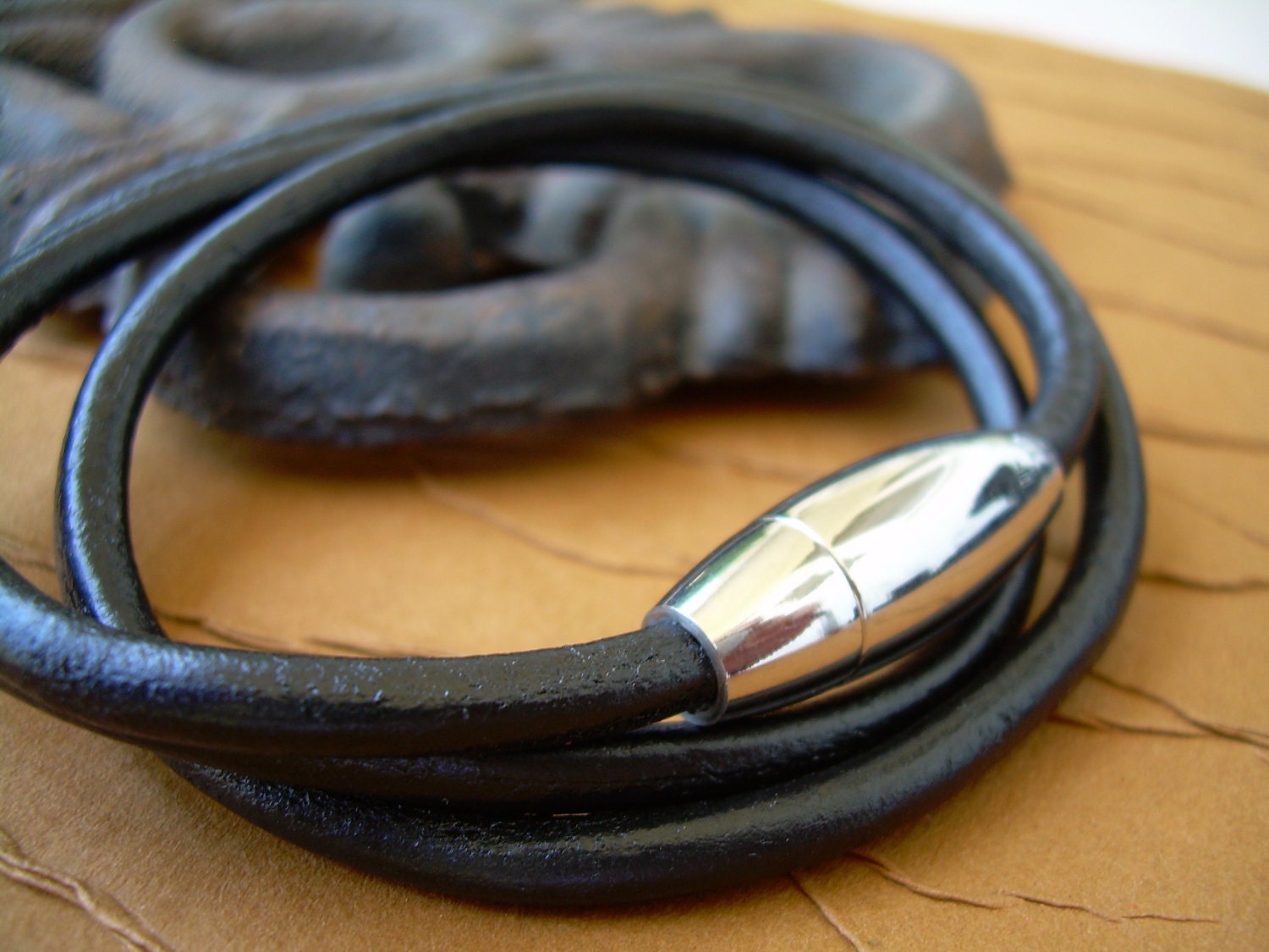 Black Triple Wrap Mens Leather Bracelet With Stainless Steel - Etsy