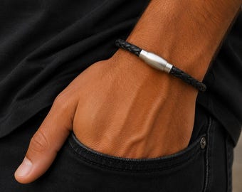 Braided Leather Bracelet, Stainless Steel Magnetic Clasp, Custom Size