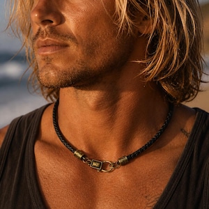 Gevlochten leren ketting: uniseks koordchoker, rustieke antieke bronzen sluiting afbeelding 1