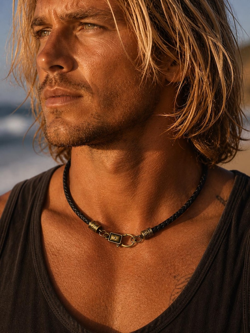 Gevlochten leren ketting: uniseks koordchoker, rustieke antieke bronzen sluiting afbeelding 1
