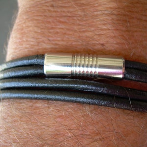 Mens Leather Bracelet, Mens Black Double Wrap Leather Bracelet with Stainless Steel Magnetic Clasp, Mens Bracelet, Groomsmen Gift
