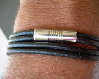 Mens Leather Bracelet, Mens Black Double Wrap Leather Bracelet with Stainless Steel Magnetic Clasp, Mens Bracelet, Groomsmen Gift