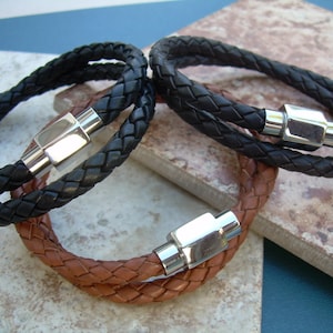 Leren herenarmband, leren herenarmbanden, Vaderdagcadeau, dubbele omslag gevlochten leren armband roestvrijstalen magnetische sluiting