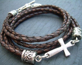 Leather Cross Bracelet, Mens Bracelets Leather, Cross Bracelet, Mens Leather Bracelets, Easter Gift, Braided Leather Bracelet,