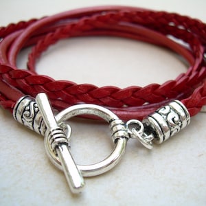 Red Leather Triple Wrap Bracelet: Handmade Toggle Clasp Jewelry