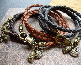 Buddha Leather Bracelet, Om Leather Wrap Bracelet, Om Buddha Charm Bracelet, Yoga Gift for Her Him