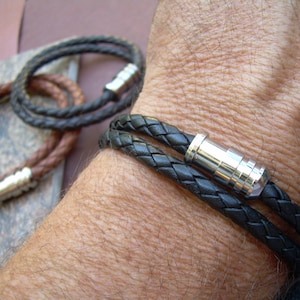 Classic Mens Leather Bracelet, Mens Bracelets Leather,  Double Wrap Braided Leather Bracelet with Stainless Steel Magnetic Clasp, Made in US