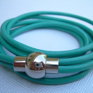 Leather Bracelets for Women, Triple Wrap Style, Turquoise Colored,  Magnetic Stainless Steel Clasp, Two Strands 3mm Cord,  Custom Sized