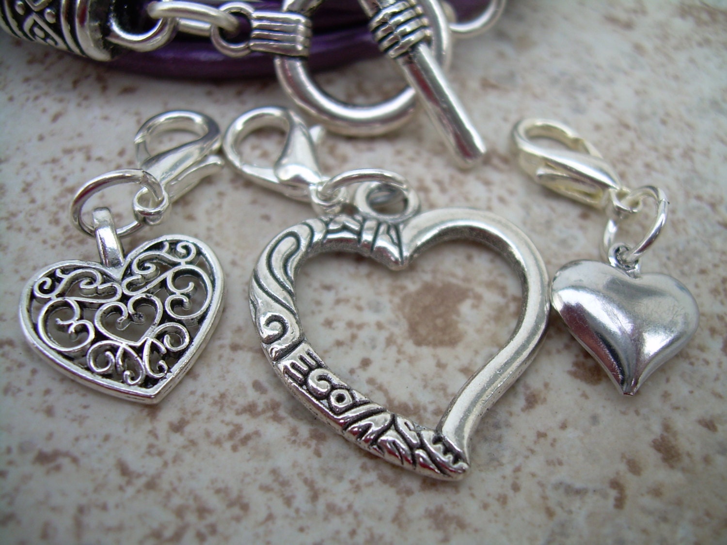Heart Charm Bracelet, Leather Wrap Style, Purple Lovers Gift