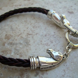 Brown Braided Silver Toned Leather Horse Bracelet with Toggle Clasp, Womens Bracelet, Mens Western Bracelet, Womens Horse Gift, Horse Lovers image 5