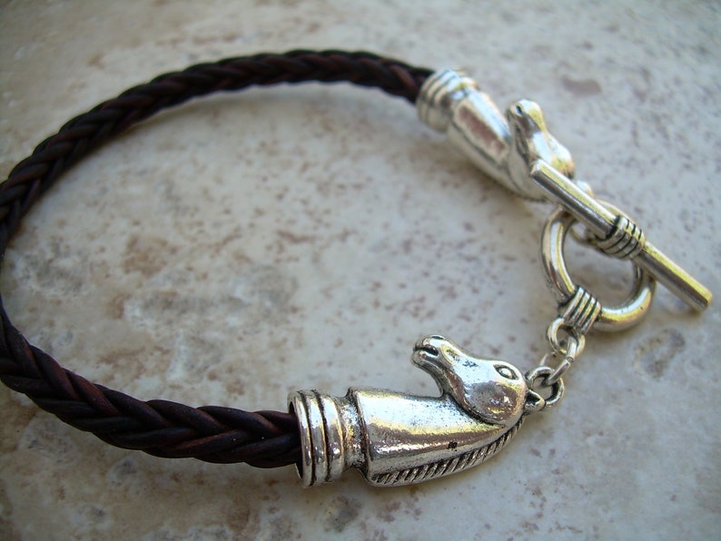 Brown Braided Silver Toned Leather Horse Bracelet with Toggle Clasp, Womens Bracelet, Mens Western Bracelet, Womens Horse Gift, Horse Lovers image 5