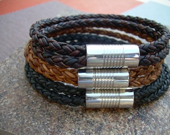 Mens Leather Cuff, Mens Leather Bracelet, Double Strap Bracelet, Thick Leather Bracelet, Magnetic Clasp Nracelet,