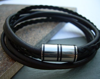 Mens Leather Bracelet, Magnetic Leather Bracelet, Black Leather Bracelet, Triple Strand Leather Bracelet, Womens Black Leather Bracelet