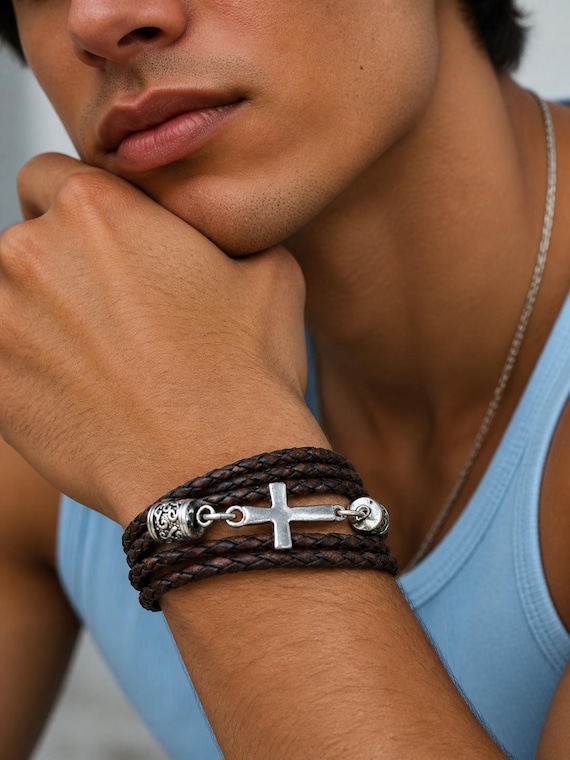 Braided Leather Cross Bracelet: Antique Brown, Silver Toggle Clasp
