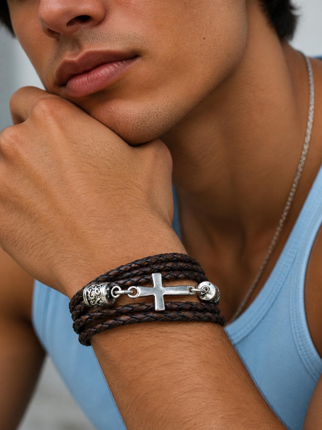 Braided Leather Cross Bracelet: Antique Brown, Silver Toggle Clasp