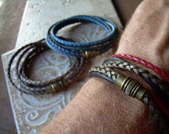 Men's Braided Leather Bracelet: Double Wrap, Bronze Magnetic Clasp, USA Made
