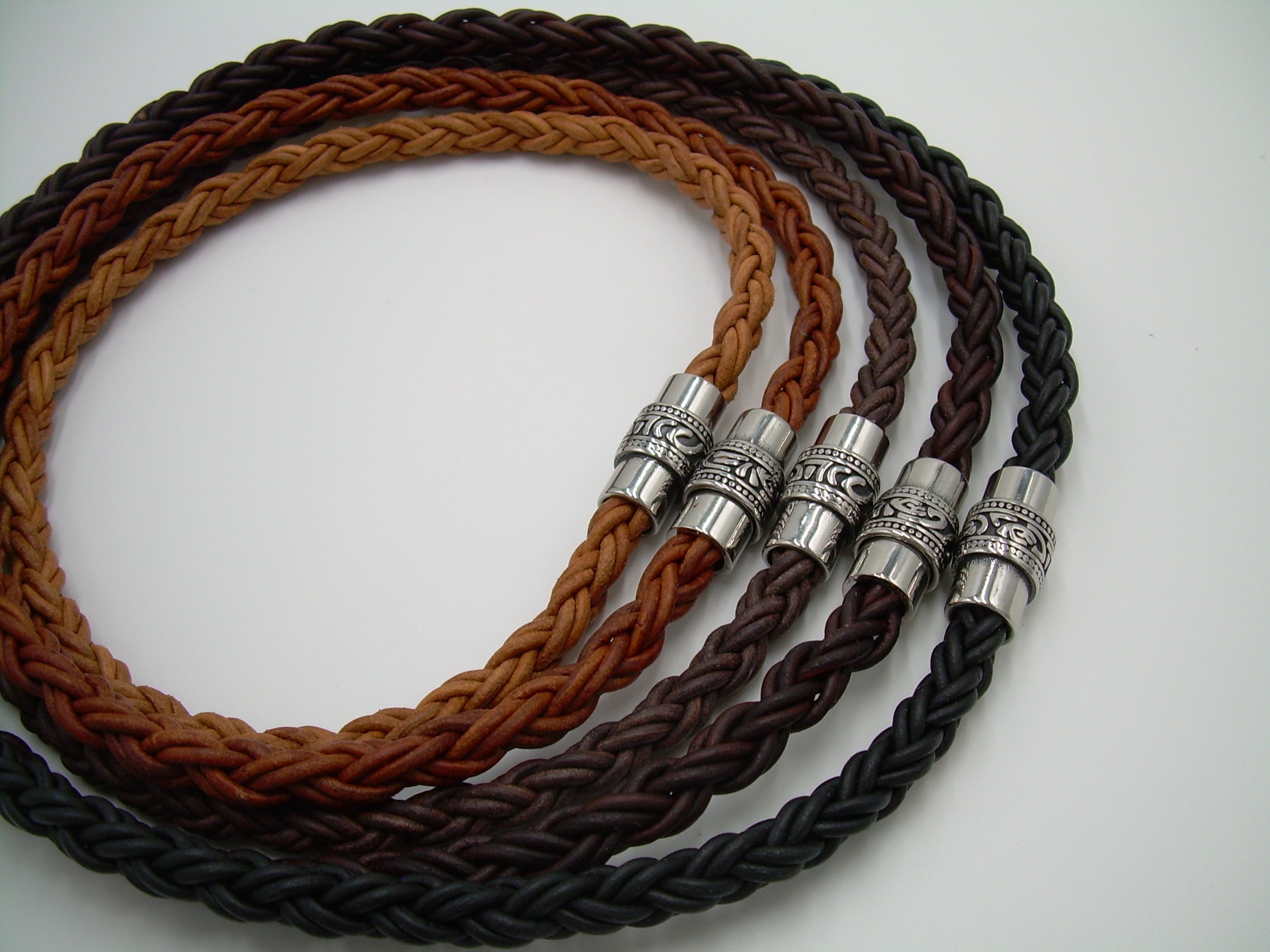 Handmade Mens Thick Braided Leather Necklace with Filigreed Stainless Steel  Magnetic Clasp - Genuine Leather Necklace for Men - Available sizes