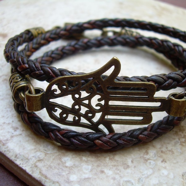 Braided Leather Hamsa Bracelet: Triple Wrap Style, Antique Bronze Charm