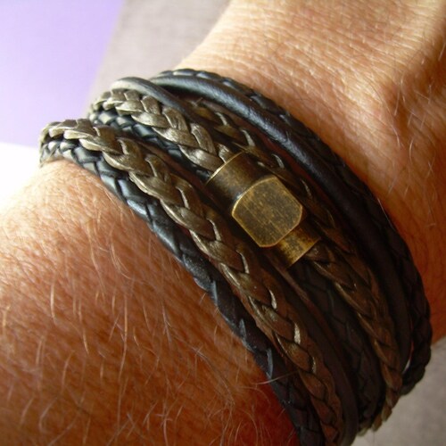 Men Wrap Bracelet in Braided Leather, Triple with Antique Brass Magnetic Clasp