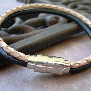Leren herenarmband, zwarte en natuurlijke gevlochten leren armband, armband met magnetische sluiting, dubbelstrengs gevlochten armband,