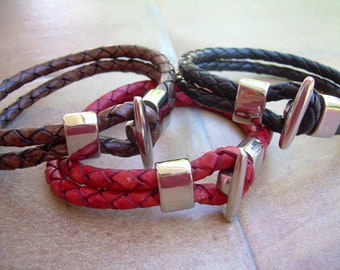 Mens Leather Bracelets,  T Clasp Bracelet, Leather Wristband, Genuine Leather Bracelet, Womens Braided Leather Bracelets,