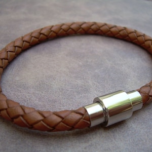 Mens Leather Bracelet,  Womens Bracelets Leather, Mens Saddle Brown Braided Leather Bracelet with Stainless Steel Magnetic Clasp