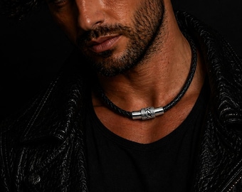 Mens Braided Leather Necklace: Thick Cord with Filigree Magnetic Clasp