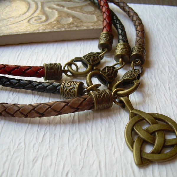 Triquetra Pendant on a Leather Necklace, Mens Leather Necklaces, Mens Necklace, Leather Necklace,  Antique Bronze, Triquetra, Mens Jewelry,