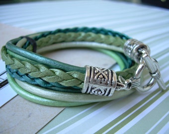 Womens Braided Leather Wrap Bracelet: Teal and Turquoise, Multi Cord Strands, Toggle Closure Clasp