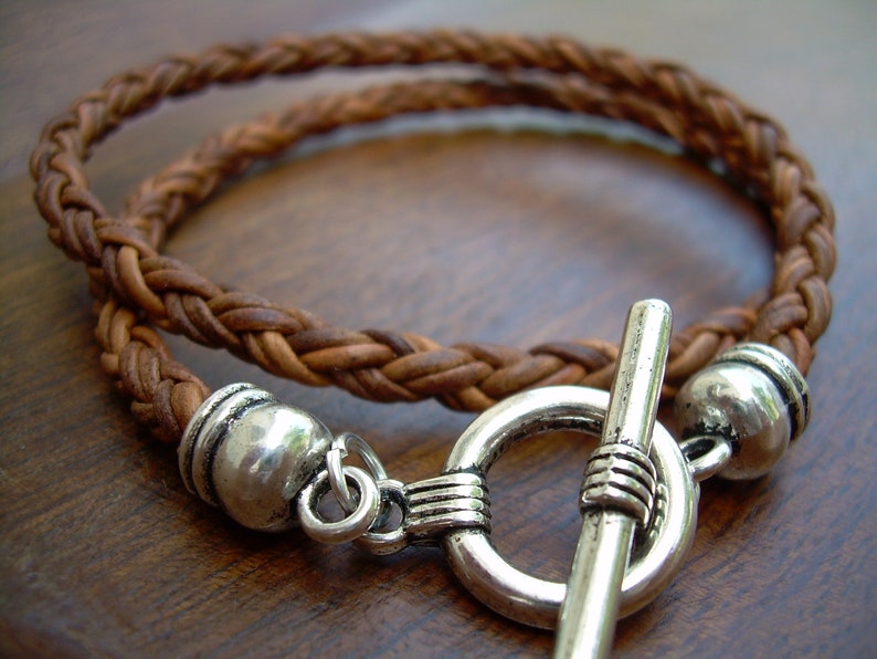 Braided Leather Bracelet Double Wrap Toggle Clasp Natural Etsy