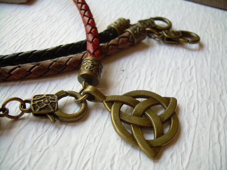 Braided Leather Necklace: Triquetra Pendant Celtic Bronze Choker image 5