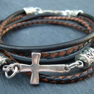 Braided Leather Cross Bracelet: Double Strand, Religious Jewelry