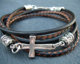 Bracelet croisé, bracelet croix en cuir, bracelet en cuir tressé, bracelets en cuir pour femmes, bracelets en cuir pour hommes, cadeau de Noël religieux