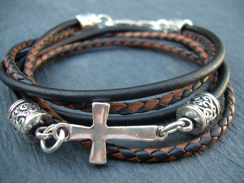 Mens Leather Bracelets Mens Leather Cross Bracelet Womens Leather Bracelets Black and Brown Braided Cross Bracelet