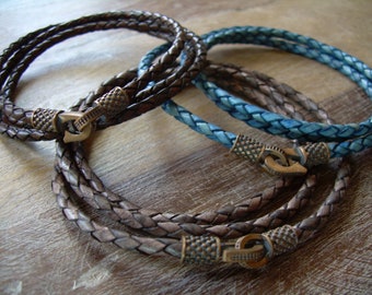 Thin Braided Leather Bracelet: Triple Wrap Style, Bronze Clip Clasp, 3mm Cord, Custom Sized