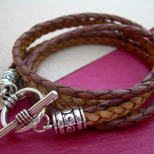 Brown Braided Leather Wrap Bracelet: Aged Silver Alloy Clasp
