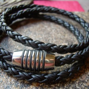 Black Braided Leather Wrap Bracelet with Stainless Steel Magnetic Clasp for Men or Women