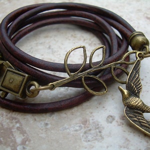 Steampunk Bracelet, Leather Bracelet, Womens,  Antique Brown, Antique Bronze,Triple Wrap, Branch and Swallow, Steampunk, Womens Jewelry