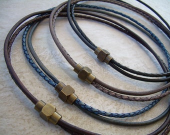 Double Strand Smooth and Braided Leather Necklace with Antique Brass Magnetic Clasp