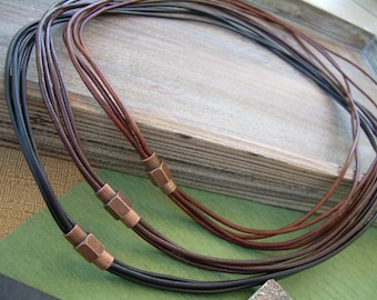 Multi Strand Leather Necklace: Thin Cord with Copper Clasp