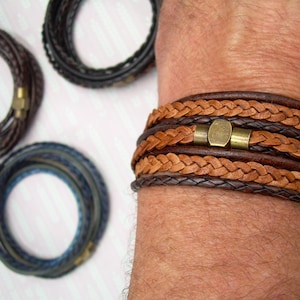 Mens Braided Leather Wrap Bracelet: Brass Magnetic Clasp