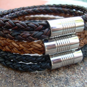 Mens Leather Bracelet, Mens Cuff Bracelet, Braided Leather Bracelet, Magnetic Clasp Bracelet, Steel and Leather Bracelet,