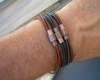 Thin Strands Leather Bracelet with Copper toned Brass Magnetic Clasp, Mens Leather Bracelets, Mens Bracelets Leather, Leather Bracelet,