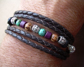 Mens Bracelets Leather, Mens Leather Bracelet,  Women's Leather Bracelets,  Leather Wrap Bracelet,  Braided Leather and Gemstone Bracelet