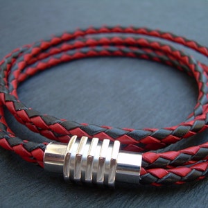 Men&#39;s Leather Bracelet, Double Wrap Bracelet, Stainless Steel Magnetic Clasp, Black and  Red Cord,  Industrial Style Jewelry, Made in USA