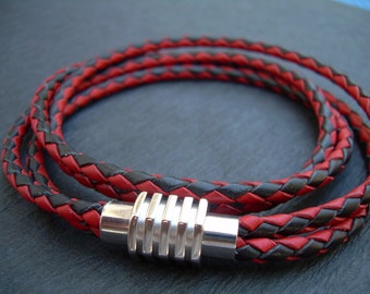 Two Tone Black and  Red Braided Leather Bracelet, Mens Double Wrap Leather Bracelet