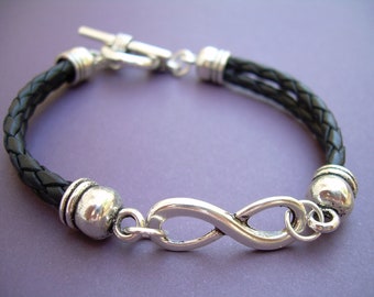 Infinity Bracelet, Womens Leather Bracelet, Mens Bracelet Leather, Black Braided Leather Infinity Bracelet with Antique Silver Toggle Clasp