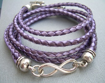 Infinity Bracelet, Purple Leather Bracelet, Triple Wrap, Purple, Lavender, Bridesmaid Gift, Womens Purple Gift